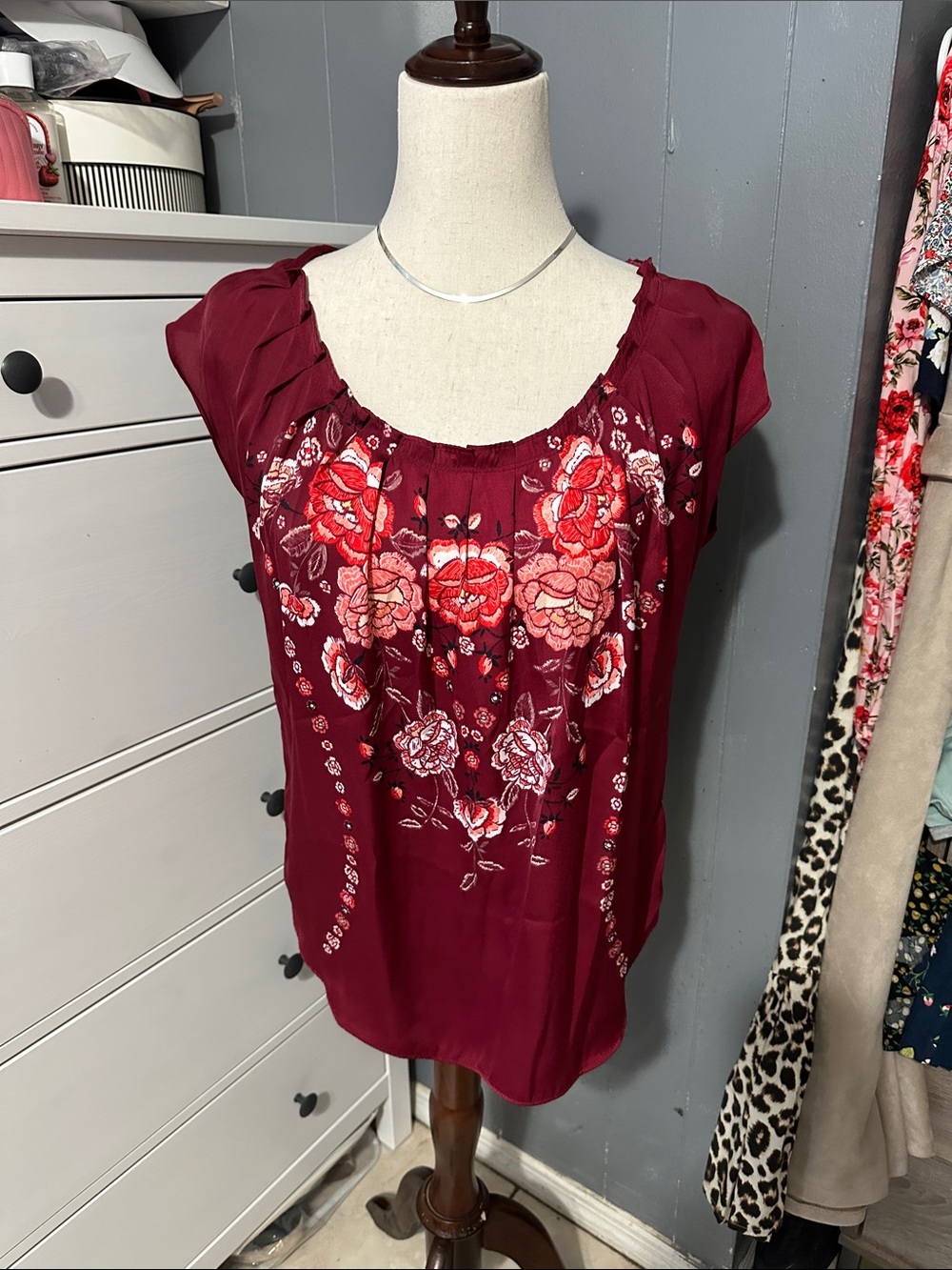 LC Lauren Conrad Burgundy Floral Embroidered Cap-Sleeve Blouse